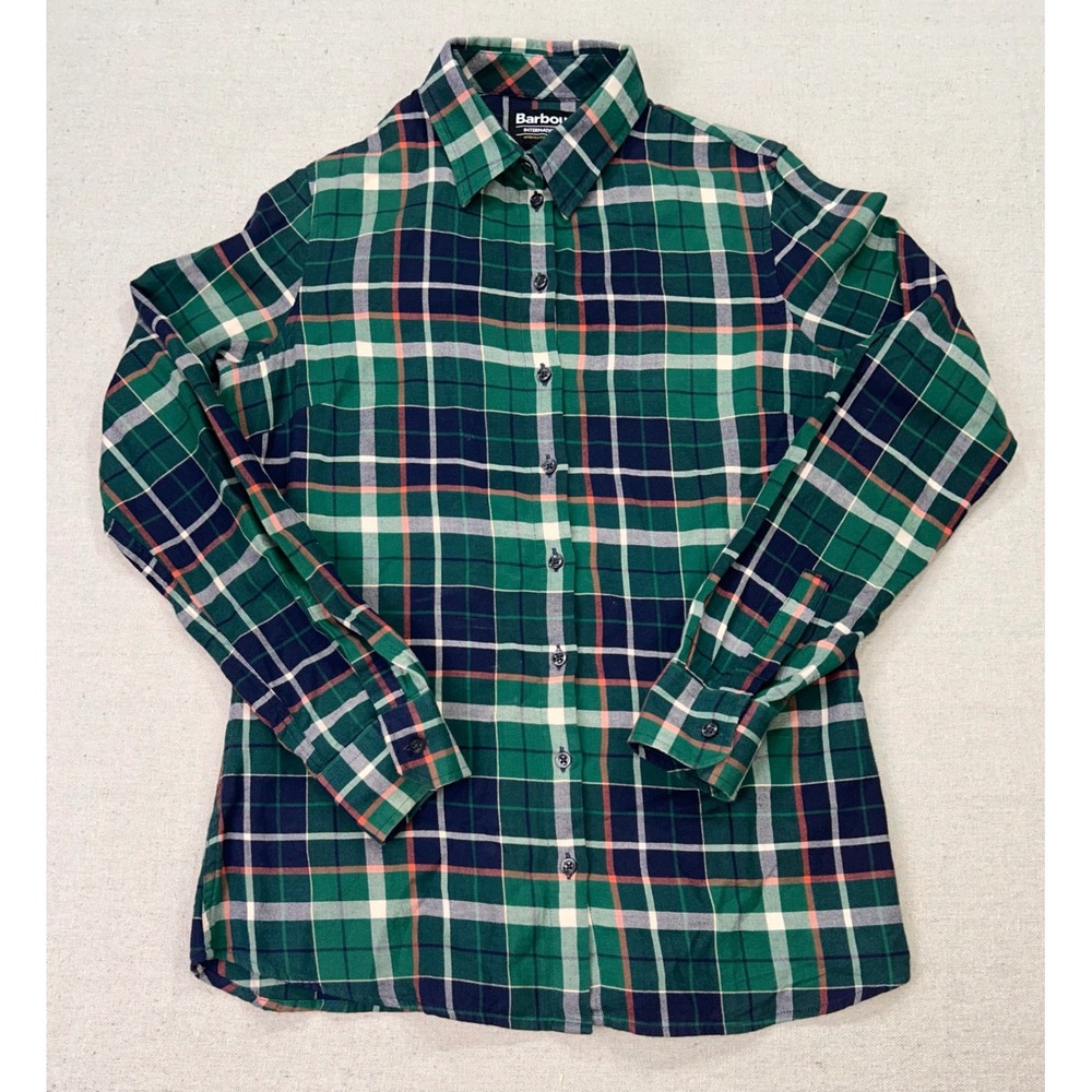 Barbour Womens 4 International Green Plaid Button Down Shirt Long Sleeve Regular